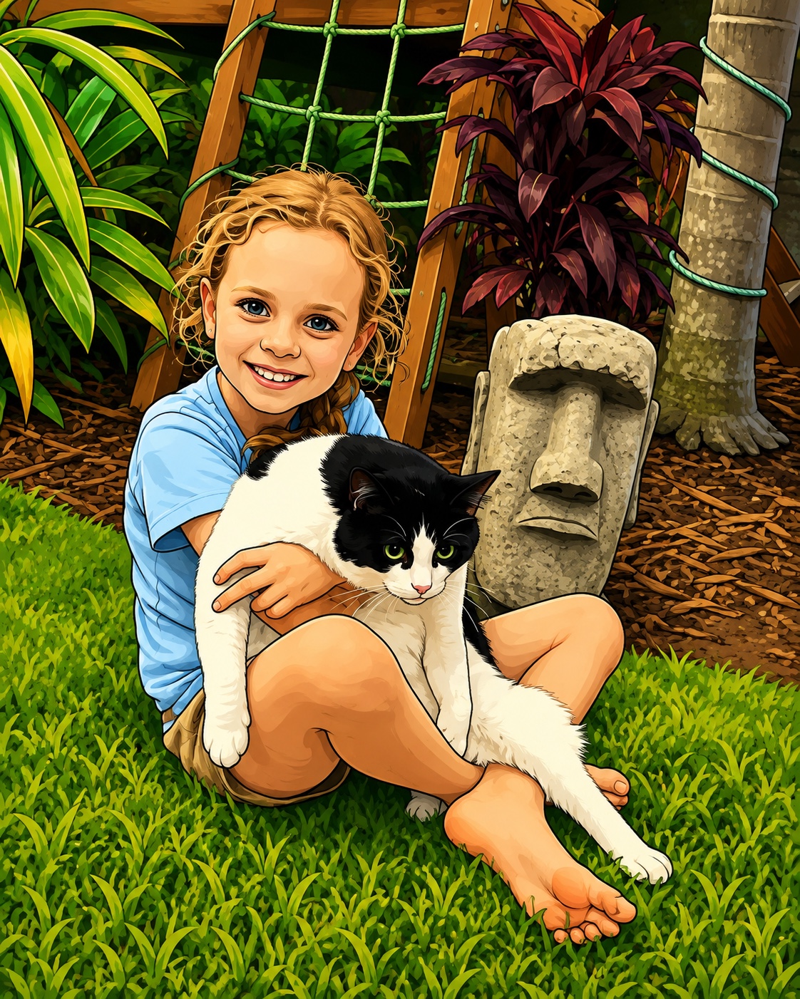 Happy child holding a black and white cat in a garden